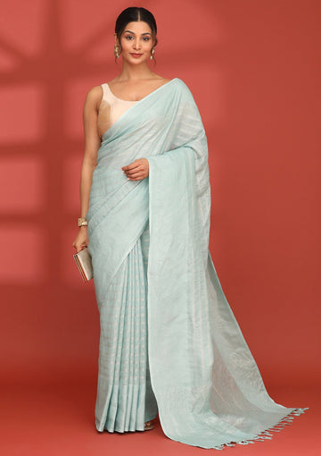 Pastel Blue Linen Woven Saree