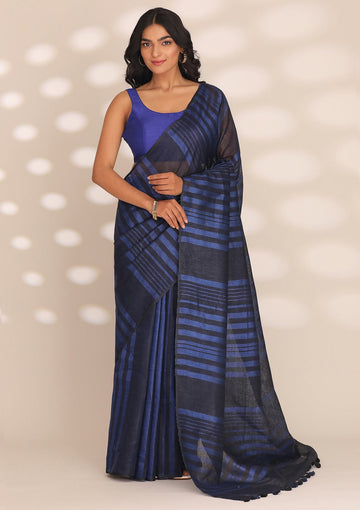 Navy Blue Linen Woven Saree
