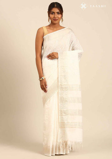 Off White Linen All Over Embroidered Saree