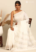 White Linen Embroidery Saree - Taashi