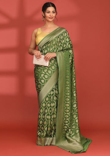 Leaf Green Banarasi Satin Weave Saree