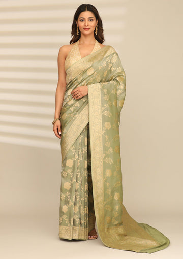 Dusty Green Banarasi Tissue Weave Saree