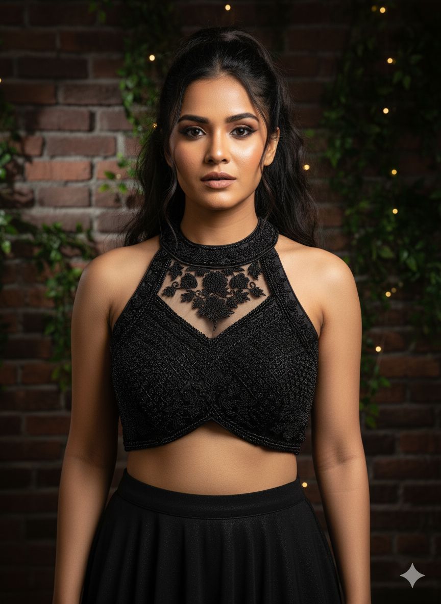Black Embellished Halter Neck Blouse with Crisscross Back