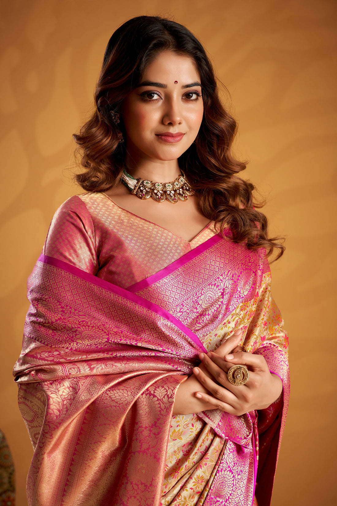 Copper And Dark Pink Kanchipuram Saree