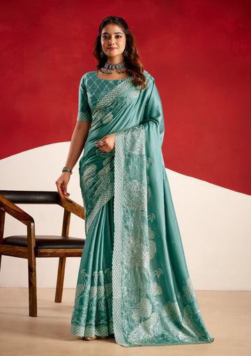 Embroidered Blue Tussar Blend Saree