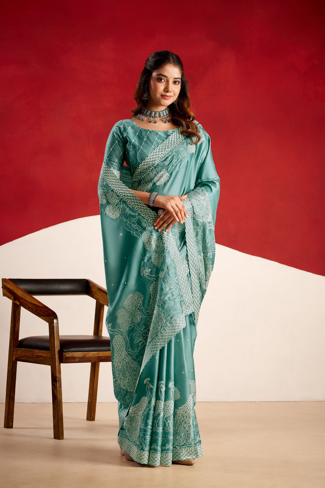 Dusty Blue Tussar Contemporary Embroidered Saree
