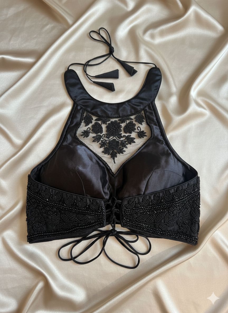 Black Embellished Halter Neck Blouse with Crisscross Back - Taashi