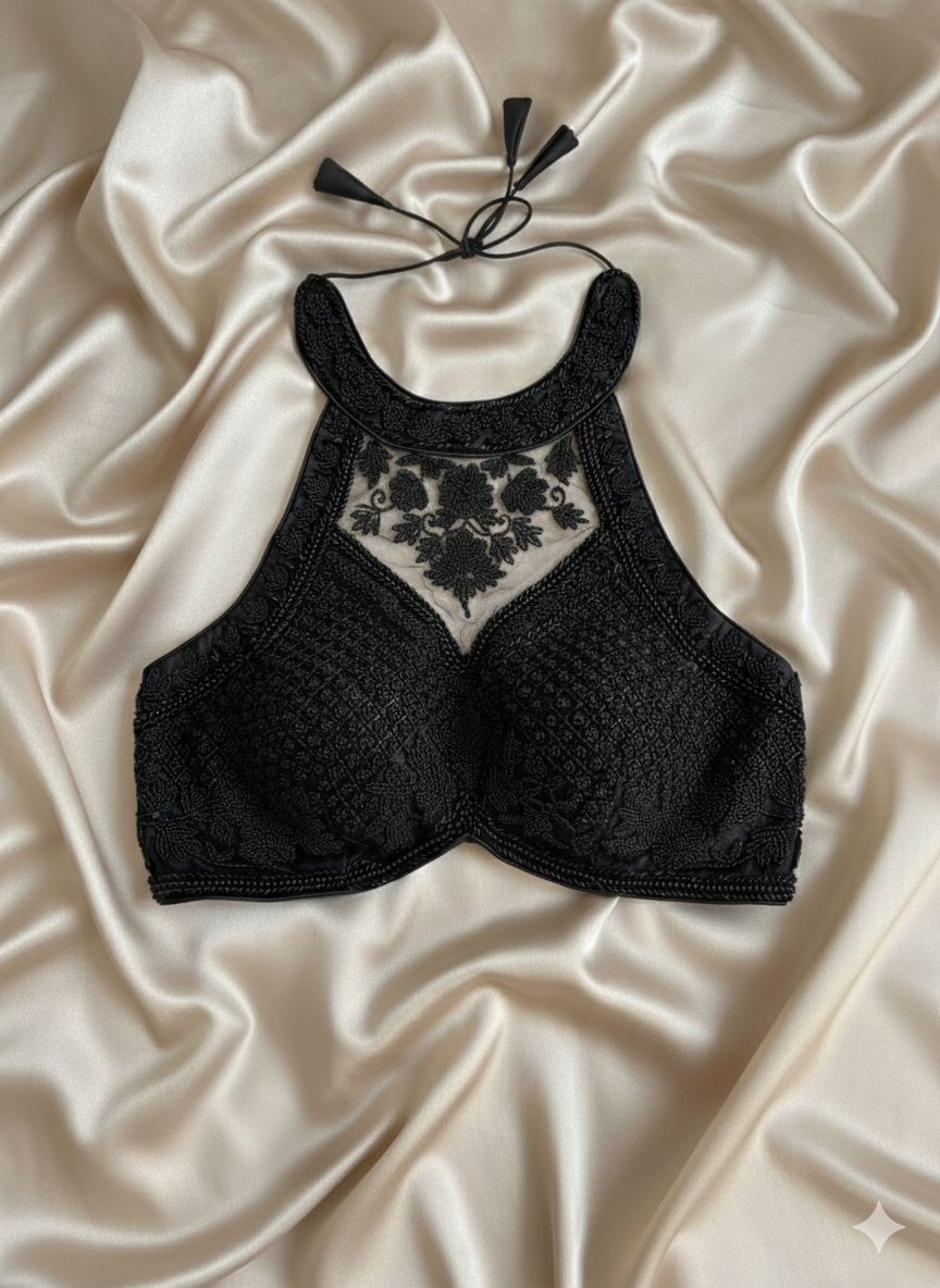 Black Embellished Halter Neck Blouse with Crisscross Back - Taashi