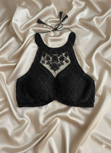 Black Embellished Halter Neck Blouse with Crisscross Back - Taashi