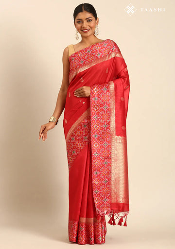Red Ikat Pattern And Tradition Pattern Woven Tussar Saree