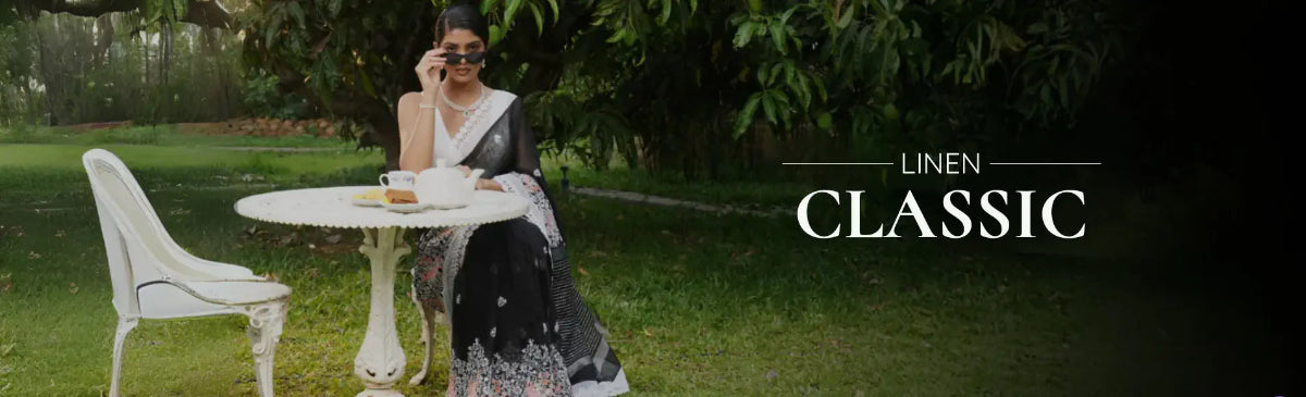 Taashi Fashion linen saree collection banner — breathable, elegant pastel linen sarees