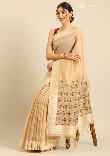 Beige Woven Butta Linen Saree