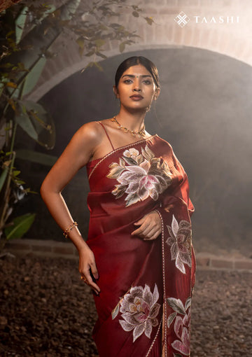 Maroon Floral EmbroideRed Organza Saree