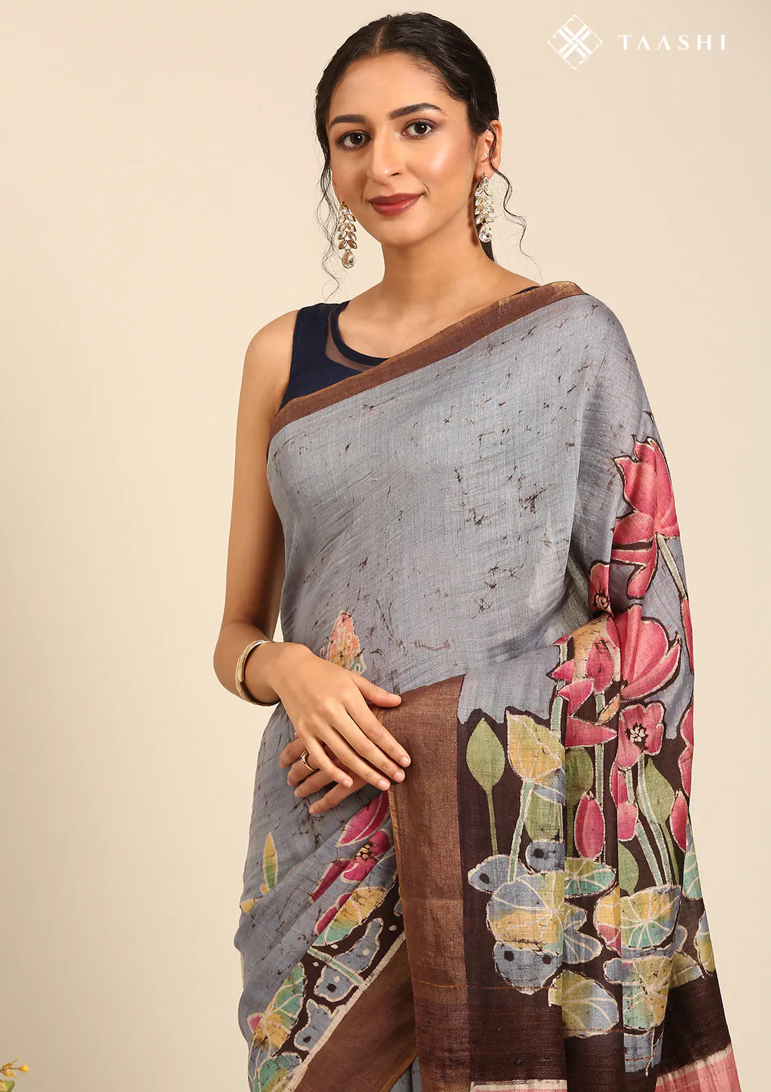 Dusty Blue Hand-Painted Pure Tussar Silk Saree with Zari Border