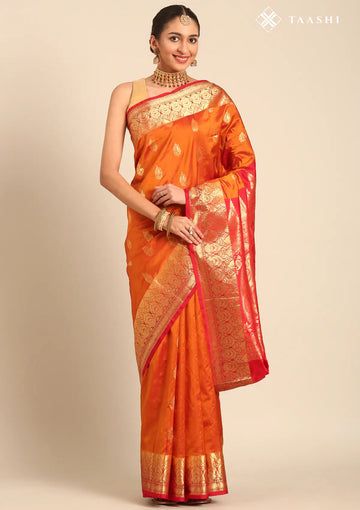 Rust Orange Paisley Butta Pattern Woven Kanjivaram Silk Saree