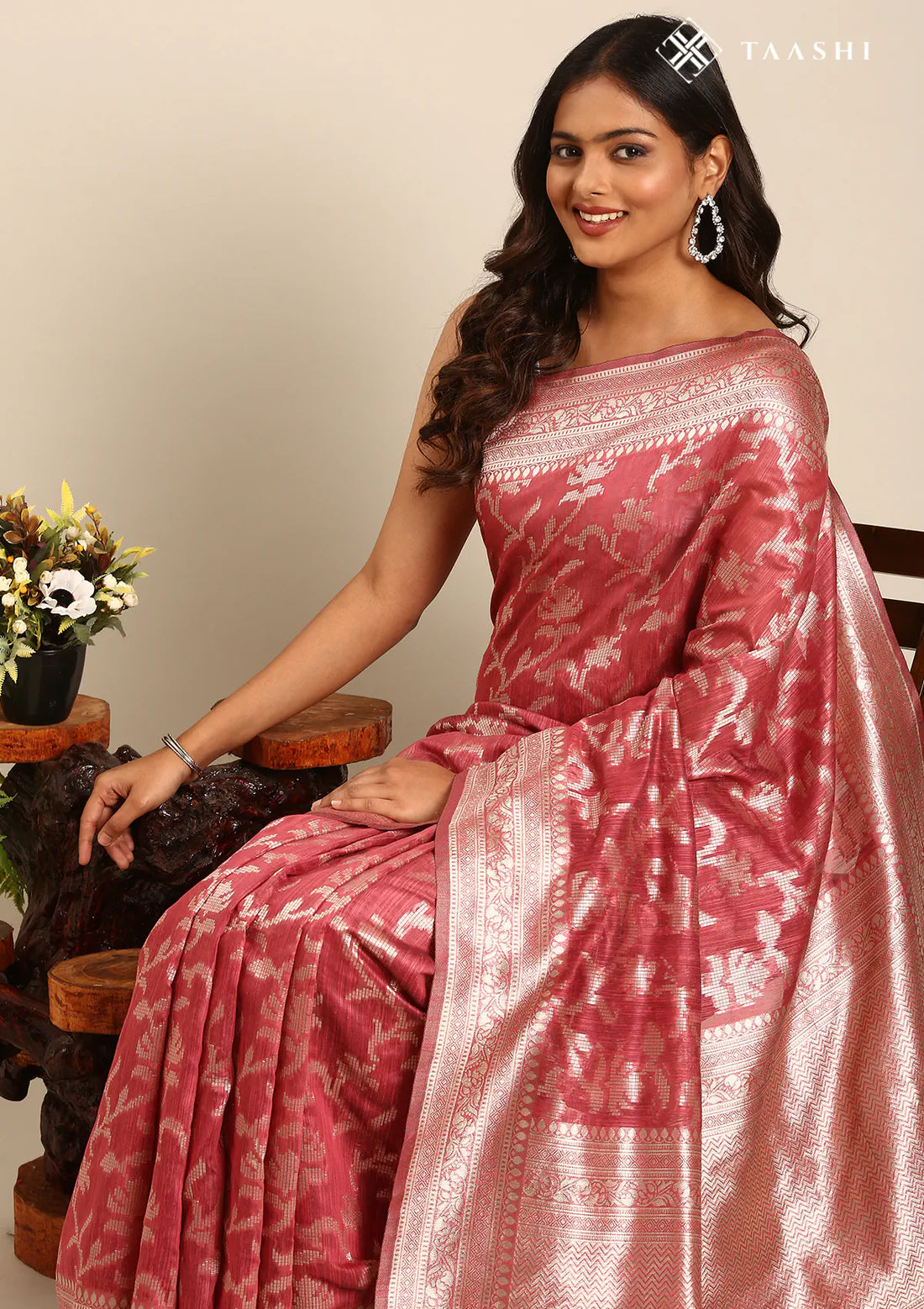 Dusty Pink Jaal Woven Tussar Saree - Taashi