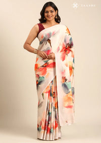 Beige Satin Contemporary Printed Saree
