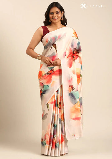 Beige Satin Contemporary Printed Saree