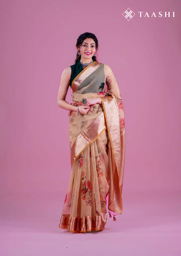 Beige Floral Printed Organza Saree