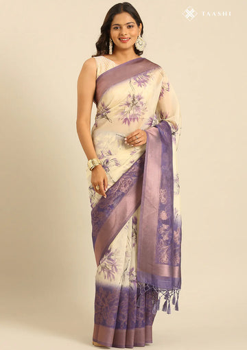 Mauve Zari Woven And Floral Printed Organza Saree