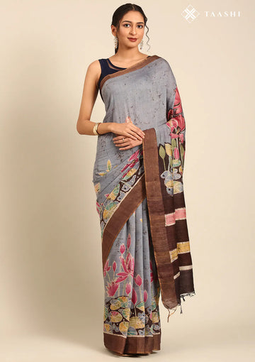 Dusty Blue Hand-Painted Pure Tussar Silk Saree with Zari Border