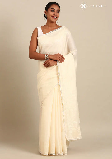 White Leaf Embroidered Tussar Saree