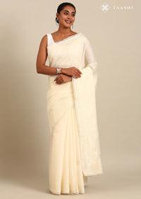 Off White Tussar Contemporary Embroidered Saree