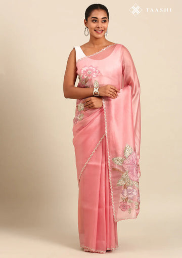 Pink Placement Embroidered Tissue Saree