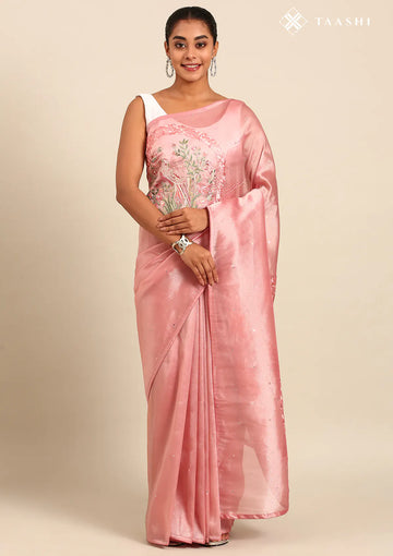 Pink Placement Embroidered Tissue Saree