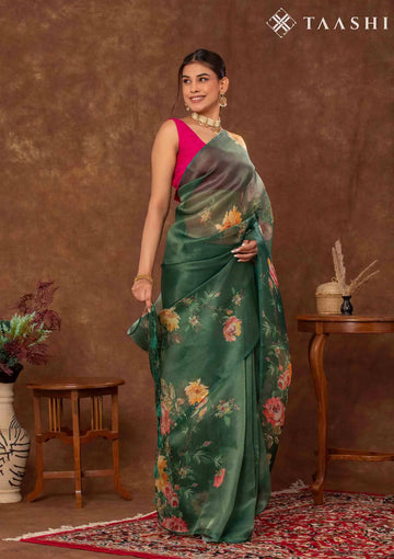 Green Floral Printed Tissue Organza Saree