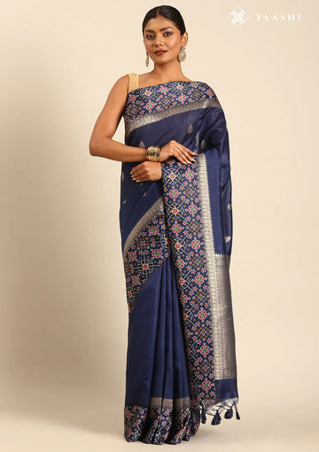 Navy Blue Ikat Pattern And Tradition Pattern Woven Tussar Saree