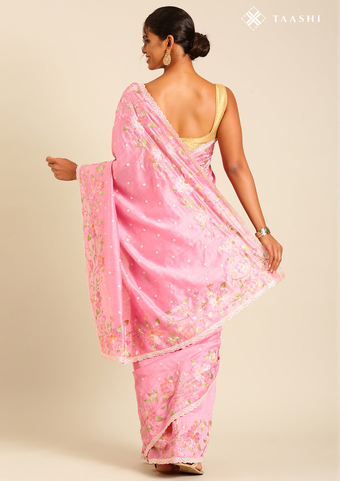 Pink Floral Embroiderd Linen Saree - Taashi